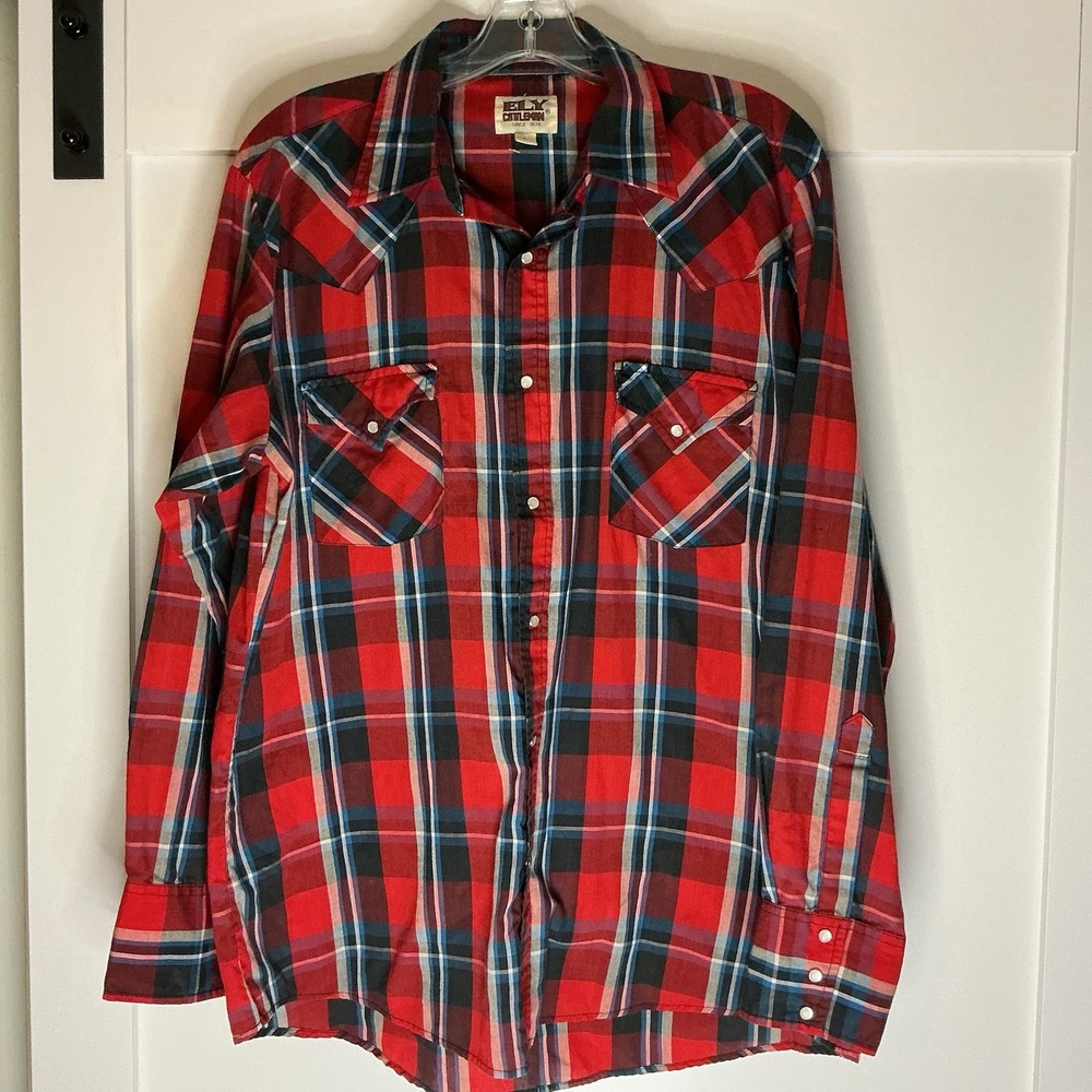 VINTAGE Ely Cattleman Shirt Mens Large Red‎ Plaid Pearl Snap Cowboy Western